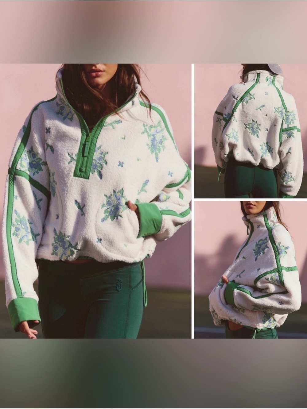 Free People FP Movement Mountain High Embroidered Half Zip Fleece - ivory - Sz M